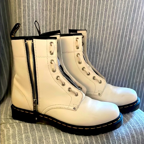 Dr. Martens Shoes - Dr. Martens White Leather Moto Boots